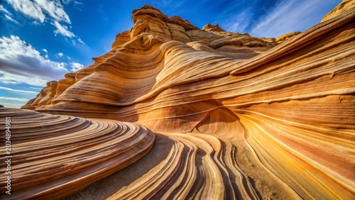 Striking sandstone formations exhibit a mesmerizing wave-like texture under a vibrant blue sky, a breathtaking natural masterpiece