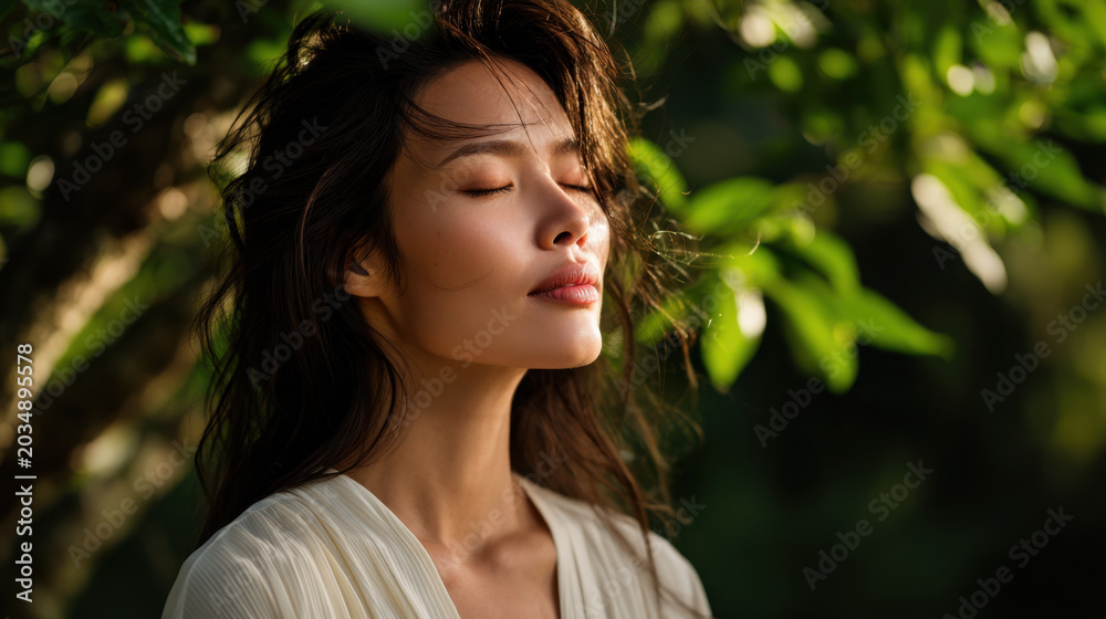 Naklejka premium Peaceful spring woman portrait, outdoor nature, soft sunlight, closed eye, calm expression, green leaf background