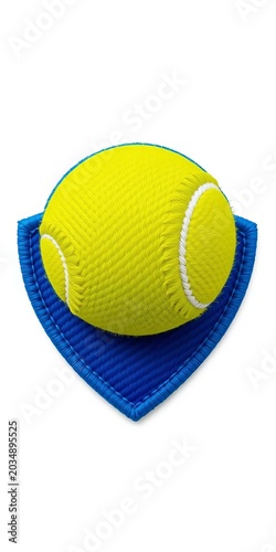 Embroidered green tennis ball on blue shield patch isolated on white background, simple composition, minimalist background