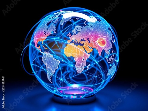 Holographic globe with swirling blue lines illustrating global trade networks, connectivity, trade