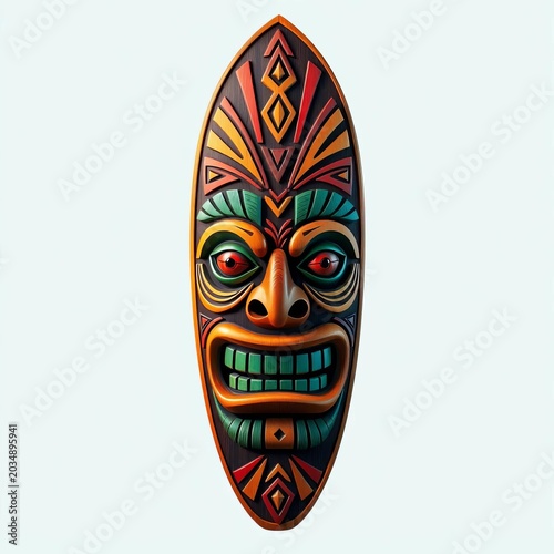 Surfboard-shaped tiki mask with geometric patterns and tribal motifs, motif, ornament