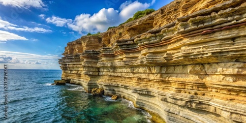 Layered Coastal Cliffs Under a Bright Blue Sky with White Puffy Clouds