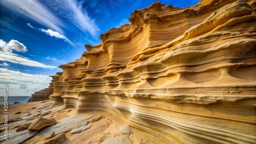 A breathtaking coastal landscape featuring dramatic sandstone formations sculpted by wind and water, exhibiting layers of golden hues under a vibrant blue sky with flowing clouds.