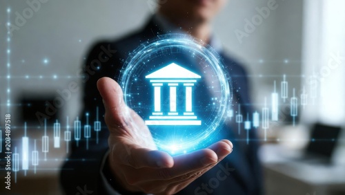 Business professional holding digital government building icon with futuristic tech interface for innovation and public services