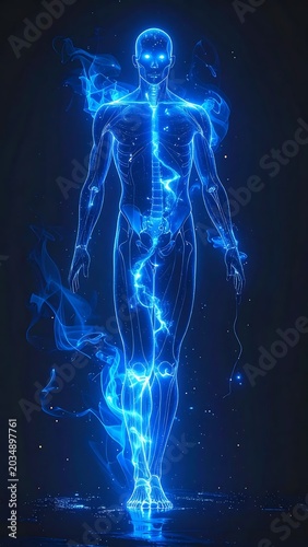 Blue neon glowing human silhouette artwork.