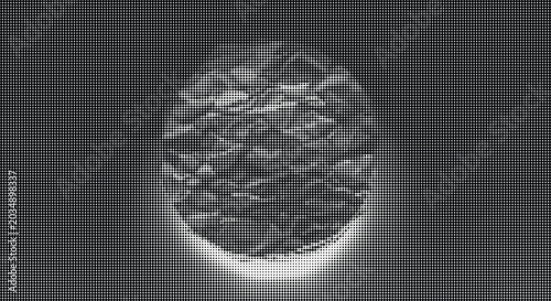 A large crumpled sphere glows brightly in the dark transparent background