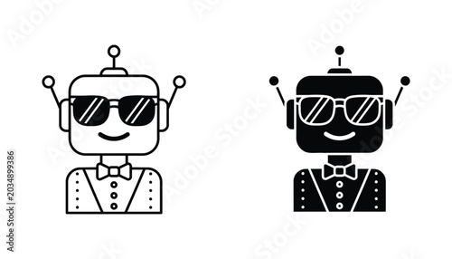 Cool robot with sunglasses and bowtie icon set in black and white line art and solid silhouette style for artificial intelligence and technology themes