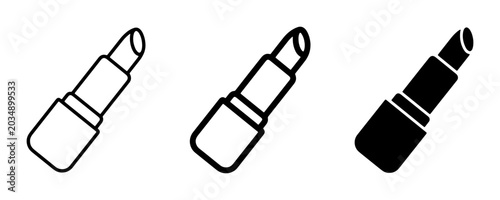 Lipstick Icons, Makeup Symbols, Beauty Product Vector Graphics. Set of three lipstick illustrations: outline, line art, and solid silhouette. Essential cosmetic design elements for beauty