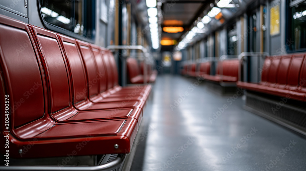 Obraz premium Empty subway train interior with long rows of red seats, highlighting themes of solitude, urban travel, public transportation, and quiet commuting during off peak hours, copy space