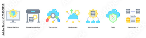 Photos Virtual Infrastructure web banner icon vector illustration featuring Virtual Machine, Data Warehousing, Throughput, Deployment, Infrastructure, Policy, and Redundancy