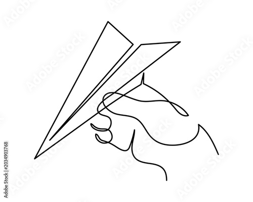 Bild auf Leinwand Hand launches paper plane up origami one line art, hand-drawn palp throwing airplane flying in air continuous contour