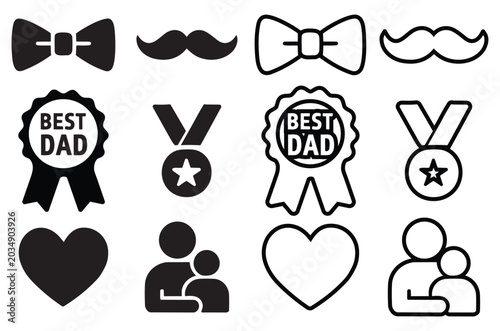 Father s Day Icons Bow Ties Mustaches Ribbons And Family Silhouettes