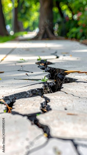 Uneven concrete sidewalk slabs showing cracks and grass at street level on a sunny day