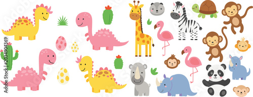 Bild auf Leinwand Cute dinosaur and safari animal collection vector illustration featuring cartoon