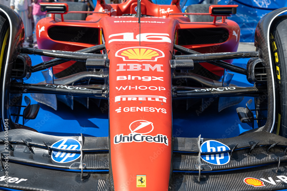Naklejka premium Sibiu, Romania - May 25, 2026 a Ferrari SF-26 Formula 1 car unveiled for the 2026 exhibited in the large square in the city center Sibiu