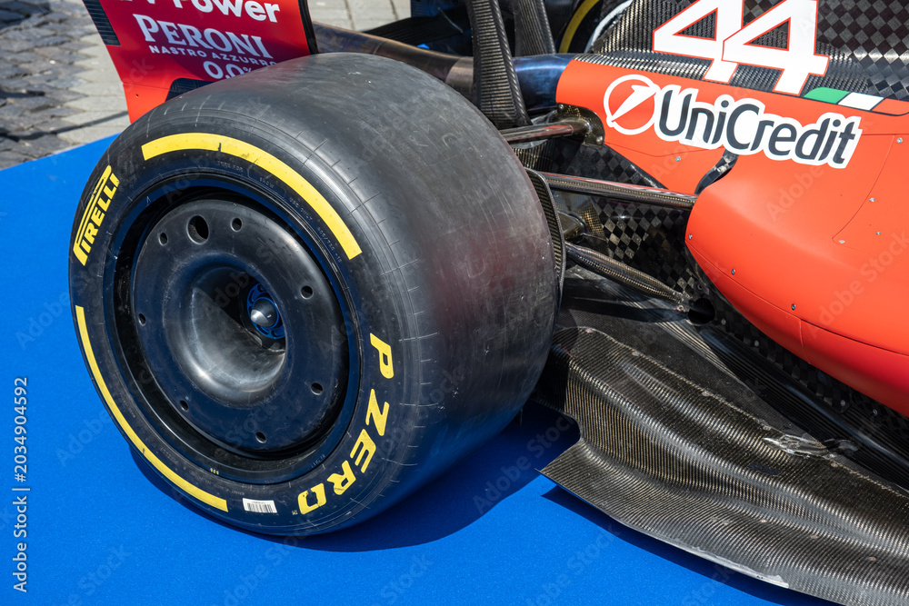 Fototapeta premium Sibiu, Romania - May 25, 2026 a Ferrari SF-26 Formula 1 car unveiled for the 2026 exhibited in the large square in the city center Sibiu