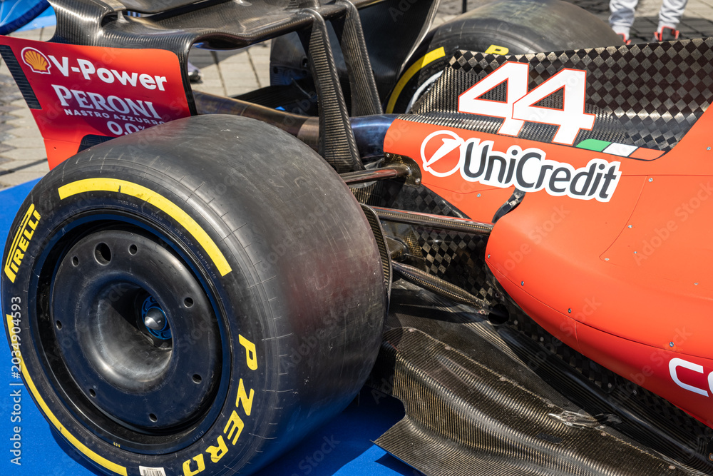 Fototapeta premium Sibiu, Romania - May 25, 2026 a Ferrari SF-26 Formula 1 car unveiled for the 2026 exhibited in the large square in the city center Sibiu