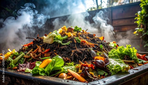 Low angle view of a mountain of decaying kitchen scraps with smoke in the background