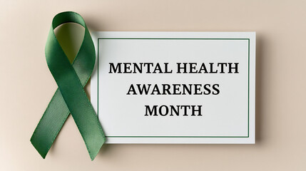 A green awareness ribbon next to a card stating "Mental Health Awareness Month" on a light background.