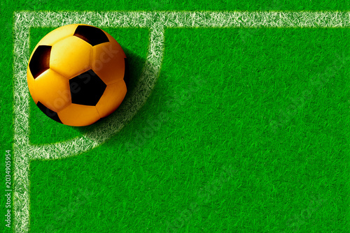 Tableau sur toile Golden Soccer Ball at Green Grass Field Corner Kick Position