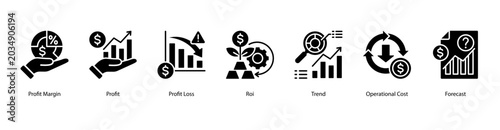 Profit Analysis web banner icon vector illustration featuring Profit Margin, Profit, Profit Loss, ROI, Trend, Operational Cost, and Forecast.