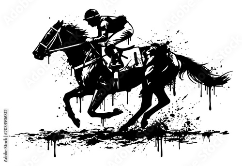 Obraz na płótnie Horse racing jockey galloping with ink splatters in high contrast silhouette sty