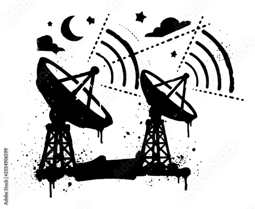 Bild auf Leinwand Satellite antennas sending signals under night sky with moon in grunge style
