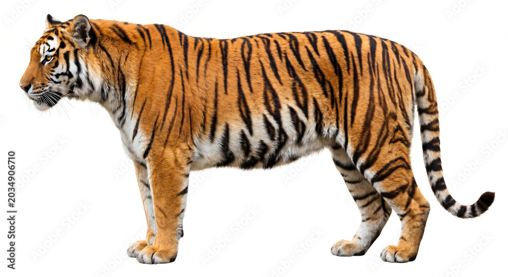 Obraz premium A powerful tiger with iconic orange and black stripes stands in profile on a clean white background for a studio photograph.