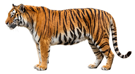 A powerful tiger with iconic orange and black stripes stands in profile on a clean white background for a studio photograph.