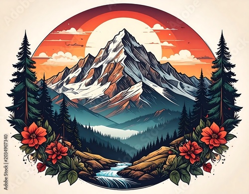Majestic mountain peak at sunrise with vibrant flora.