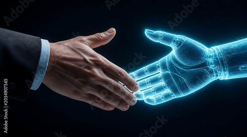 Human hand in suit shaking hands with glowing blue digital robotic hand representing AI collaboration.