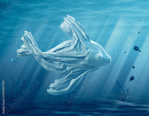 Sea pollution concept with fish shaped plastic bag
