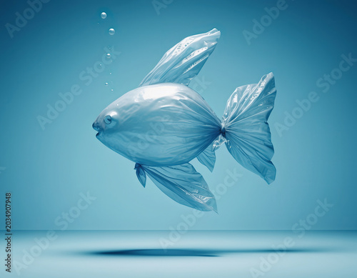 Environmental pollution concept with plastic fish in ocean
