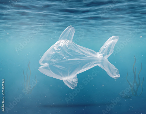 Plastic contamination in ocean, fish shaped bag concept
