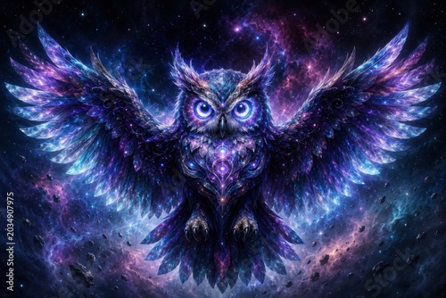 Cosmic owl with nebula feathers and glowing celestial wings