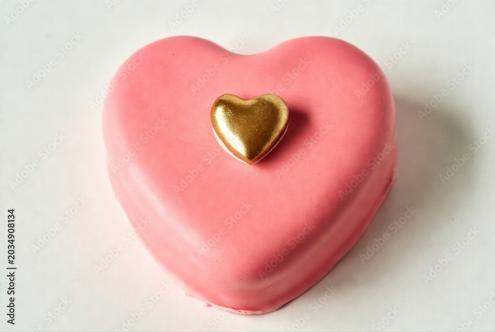 Obraz premium Pink heart shaped chocolate cake with gold foil love decoration on white background
