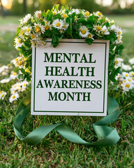 A white sign with "MENTAL HEALTH AWARENESS MONTH" in green text, surrounded by a daisy wreath and green ribbon on grass.