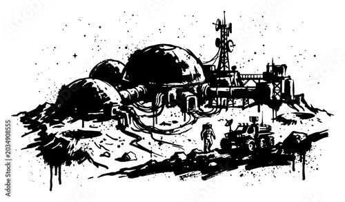 Tableau sur toile Lunar base colony with domes and astronaut on moon surface in gritty sci-fi ink