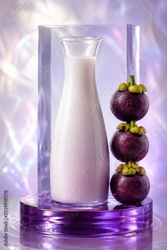 Mangosteen nectar carafe with whole fruit on glossy purple display