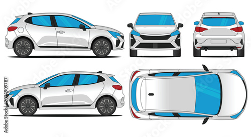 Hatchback clio car vector - Car mockup vector isolated on white background. Side, front, rear, top views. Car Illustration