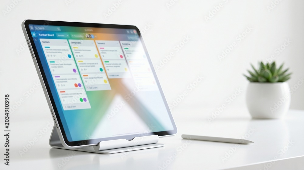 Fototapeta premium Tablet displaying kanban board for business team collaboration on modern desk.