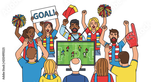 Group of diverse man and woman fan watching soccer game on television with excitement and cheering. Sports competition broadcast event. Colorful vector illustration design