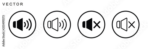 Foto Sound speaker icon, loudspeaker volume sign and symbol, volume on and off icon,