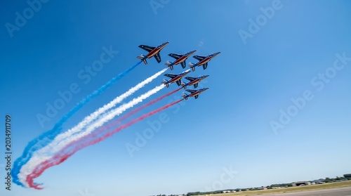 Six jet aircraft flying in formation with tricolor smoke trails against a clear blue sky