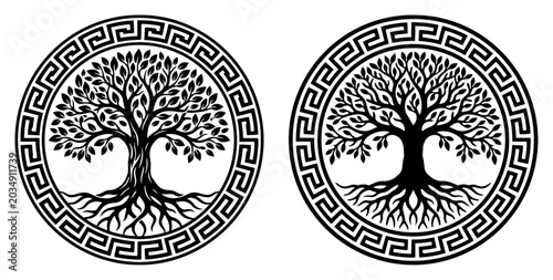 Valokuva Tree of life silhouettes enclosed in Greek key circular borders in a symbolic st