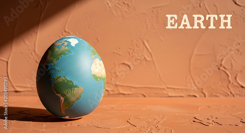 An egg-shaped globe representing Earth, set against a warm, terracotta-colored background with soft shadows