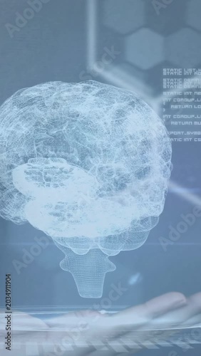 Vertical video: Palm entering, sparking wireframe brain materializing and rotating for demo