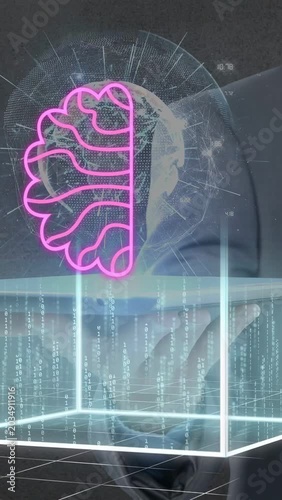 Vertical video: Man holding tablet tapping, holo rising, brains forming, AI chip showing for demo