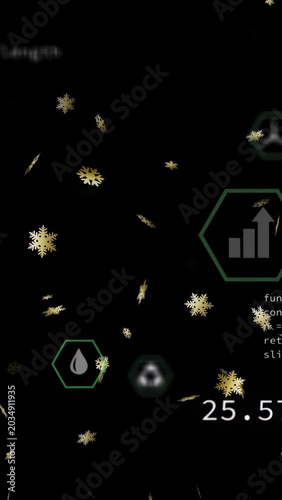 Vertical video: Gold flake drifting causing neon hex HUD group showing CO2 data as values shifting