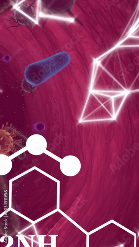 Vertical video: Camera moving through vessel lumen cells and microbes drifting overlay showing